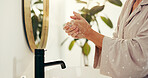 Basin, hygiene and washing hands with woman in bathroom of home for morning skincare routine. Cleaning, protection and soap with person closeup in apartment to remove bacteria, dirt or germs