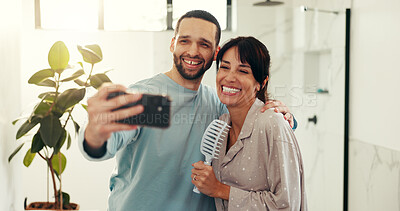 Buy stock photo Happy couple, bathroom and selfie with hug for morning routine, photography or picture in home. Man, woman or smile with capture moment, post or app for grooming, hygiene or memory together in house