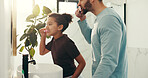 Happy child, dad and brushing teeth in bathroom for dental hygiene or morning routine in home. Father, daughter and toothbrush with mirror or lens flare for clean mouth, fresh breath or oral care