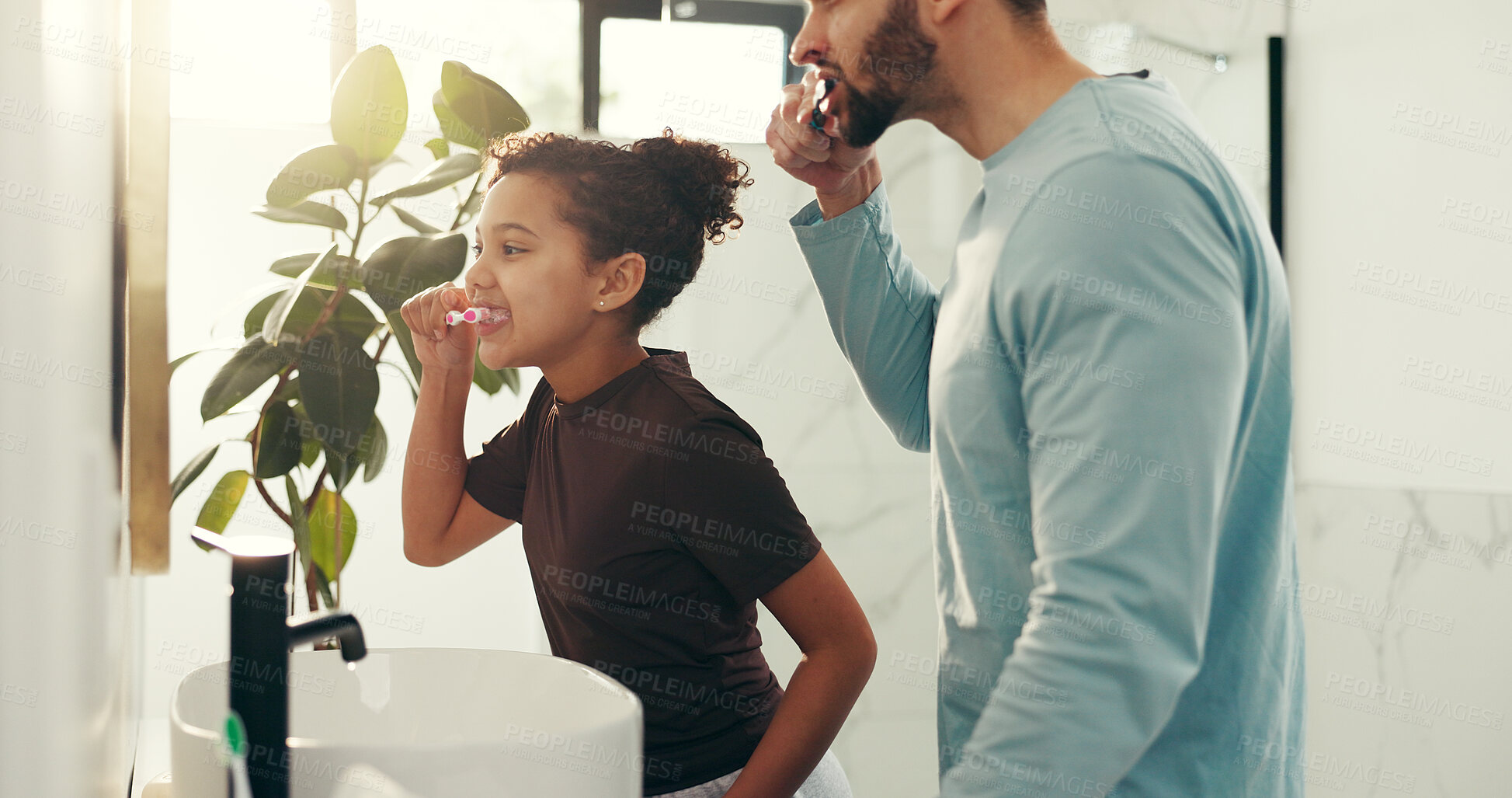 Buy stock photo Happy child, dad and brushing teeth in bathroom for dental hygiene or morning routine in home. Father, daughter and toothbrush with mirror or lens flare for clean mouth, fresh breath or oral care