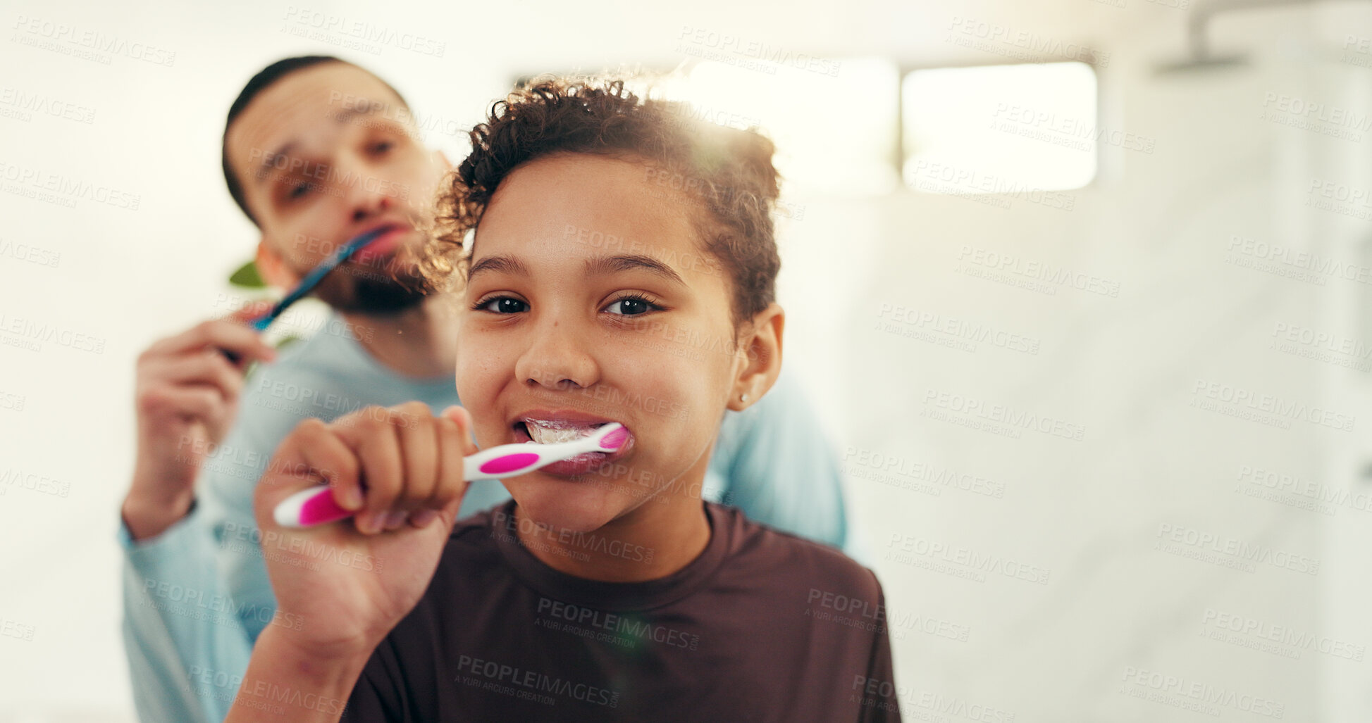 Buy stock photo Child, father and brushing teeth with portrait in bathroom for fresh breath, oral hygiene and bonding. Family, girl and man for dental health, cleaning mouth and POV to remove plaque in house