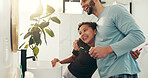 Child, father and brushing teeth with hug in bathroom for fresh breath, oral hygiene and bonding. Family, girl and man for dental health routine, cleaning mouth and support to remove plaque in house
