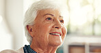 Smile, thinking and elderly woman in home for hope, nostalgia and peace with calm. Retirement, reflection and happy senior person with memory, mindset and daydreaming in living room with decision