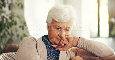 Buy stock photo Thinking, memory and senior woman on sofa in home for relaxing, reflection or nostalgia in living room. Ideas, retirement and elderly female person with choice, planning or decision in house.