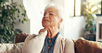 Senior woman, neck pain and sofa at house for discomfort, muscle strain and arthritis stiffness . Elderly person, relax and tension of pinched nerve, spine injury and mobility problem of fibromyalgia
