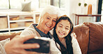 Relax, selfie and grandmother with child on sofa in family home for memory, bonding and profile picture. Happiness, photography and smile with old woman and kid in living room for love, hug and care
