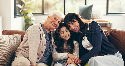 Buy stock photo Portrait, mother and daughter in lounge with grandmother, visit and bonding in home. Happy, people and family in living room with smile, embrace and generations together for special memory connection