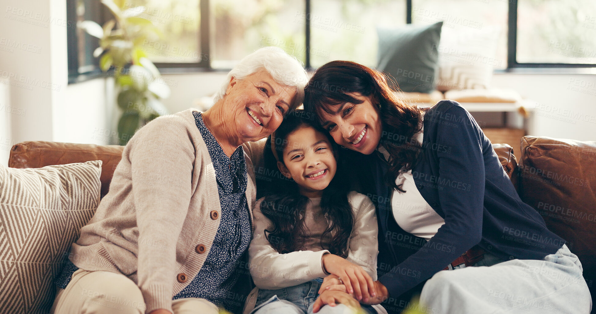 Buy stock photo Portrait, mother and daughter in lounge with grandmother, visit and bonding in home. Happy, people and family in living room with smile, embrace and generations together for special memory connection