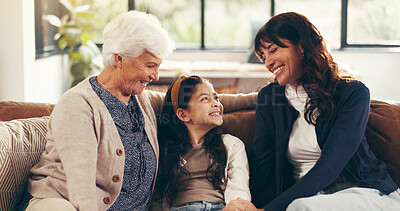 Buy stock photo Grandmother, mother and daughter in lounge with trust, visit and bonding in home. Happy, people and family in living room with smile, embrace and generations together for special memory connection