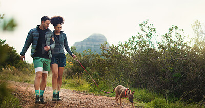 Buy stock photo Couple, hiking and travel with dog on mountain for getaway, morning exercise and trekking adventure. People, fitness and walking with pet companion, tourism journey and fresh air for vacation bonding
