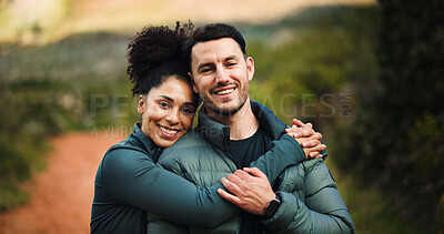 Buy stock photo Portrait, hug and hiking with couple in nature for fitness, trekking adventure and love. Workout partner, hiker date and bonding with man and woman on path for health, vacation and connection