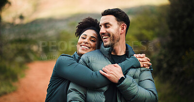 Buy stock photo Fitness, couple and hug on trip, forest and bonding for adventure, love and laugh in nature or hike. Outdoor, man and embrace with woman on weekend, care or together on holiday, portrait and wellness