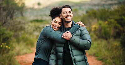 Buy stock photo Fitness, couple and hug on adventure, forest or bonding with smile, love and hike in nature or trip. Outdoor, man and embrace with woman on weekend, care or together on holiday, healthy and wellness
