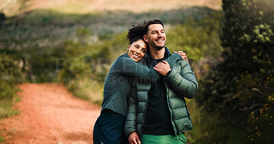 Buy stock photo Couple, think and hug on hike, forest or bonding for adventure, happy and fitness in nature or love. Outdoor, man and embrace with woman on weekend, space or together on holiday, healthy and wellness