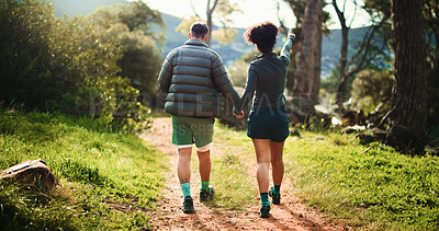 Buy stock photo Couple, back and holding hands with nature for hiking journey, sightseeing or outdoor exploration. Man, woman or trekking together with path or trail for walk, fitness or exercise in forest or woods