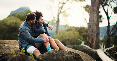 Buy stock photo Couple, hug and relax from hiking in nature with support, travel adventure and bonding on holiday trip. Happy, people and embrace on mountain for sightseeing, trekking break and backpacking vacation 