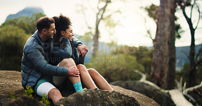 Buy stock photo Smile, couple and relax from hiking in nature with hug, travel adventure and bonding on holiday trip. Happy, people and embrace on mountain for sightseeing, trekking break and backpacking vacation 