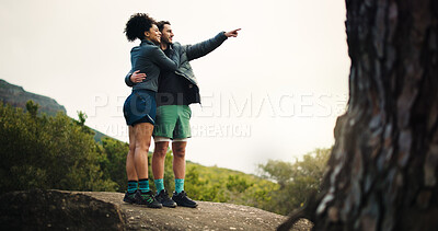 Buy stock photo Hiking, pointing and travel with couple in nature for trekking adventure health journey and support. Sightseeing, environment and explore with man and woman on path outdoor for bonding and workout