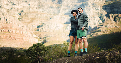 Buy stock photo Hiking, travel and fitness with couple in nature for trekking adventure health journey and support. Sightseeing, environment and explore with man and woman for bonding, smile and mountain trip