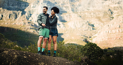 Buy stock photo Hiking, love and fitness with couple in nature for trekking adventure health journey and support. Sightseeing, environment and explore with man and woman for bonding, smile and mountain trip