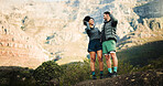 High five, hiking and couple with fitness, love and celebration with relationship, trekking together and goals. Outdoor, man and woman with challenge, explore or endurance with nature and achievement