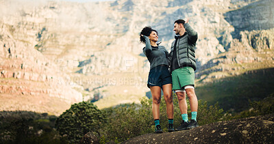 Buy stock photo High five, hiking and couple with fitness, love and celebration with relationship, trekking together and goals. Outdoor, man and woman with challenge, explore or endurance with nature and achievement