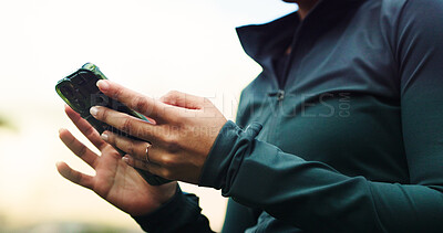 Buy stock photo Fitness, app and phone with hands of woman in nature for running, tracker and social media. Summer, communication and training with closeup of runner in park for health, online and technology