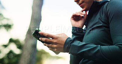 Buy stock photo Hiking, hands and person in nature with phone, online search and navigation for travel adventure. Internet, technology and woman outdoor with mobile app, connectivity or network for location tracking