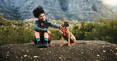 Buy stock photo Smile, woman and hiking with dog on mountain for travel, morning exercise and trekking break. Happy, female person and relax with pet companion, tourism adventure and fresh air for vacation bonding
