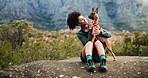 Cuddle, hiking or space with woman and dog in mountains for adventure, bonding or journey. Break, love or relax with happy pet owner and puppy outdoor in forest together for exercise or fitness