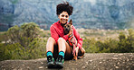 Portrait, woman and relax with dog on mountain for travel, morning exercise and trekking break. Happy, female person and hiking with pet companion, tourism adventure and fresh air of vacation bonding