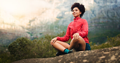 Buy stock photo Happy woman, fitness and meditation with rock in nature for zen, inner peace or spiritual wellness. Calm, female person or outdoor breathing exercise for mental health, chakra or mudra in wilderness