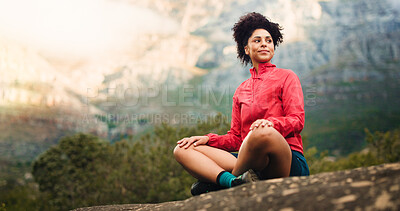 Buy stock photo Thinking, rest and woman in nature for hiking, outdoor adventure and exercise on mountain. Fitness, space and person on break, relax and thoughtful in countryside for fresh air, wellness and health