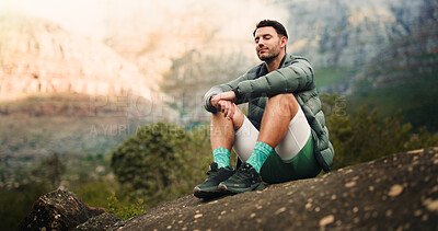 Buy stock photo Calm, hiker and man on break in nature, breathing and mindfulness on vacation, fitness or adventure. Forest, traveller and person on holiday for hike, space and rest on weekend, thinking and outdoor
