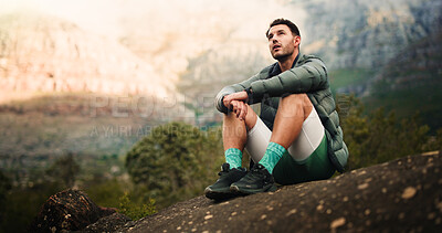 Buy stock photo Thinking, mountain and man rest for hiking, outdoor adventure and exercise in nature. Fitness, hiker and calm person on break, relax and thoughtful in countryside for fresh air, wellness and hobby