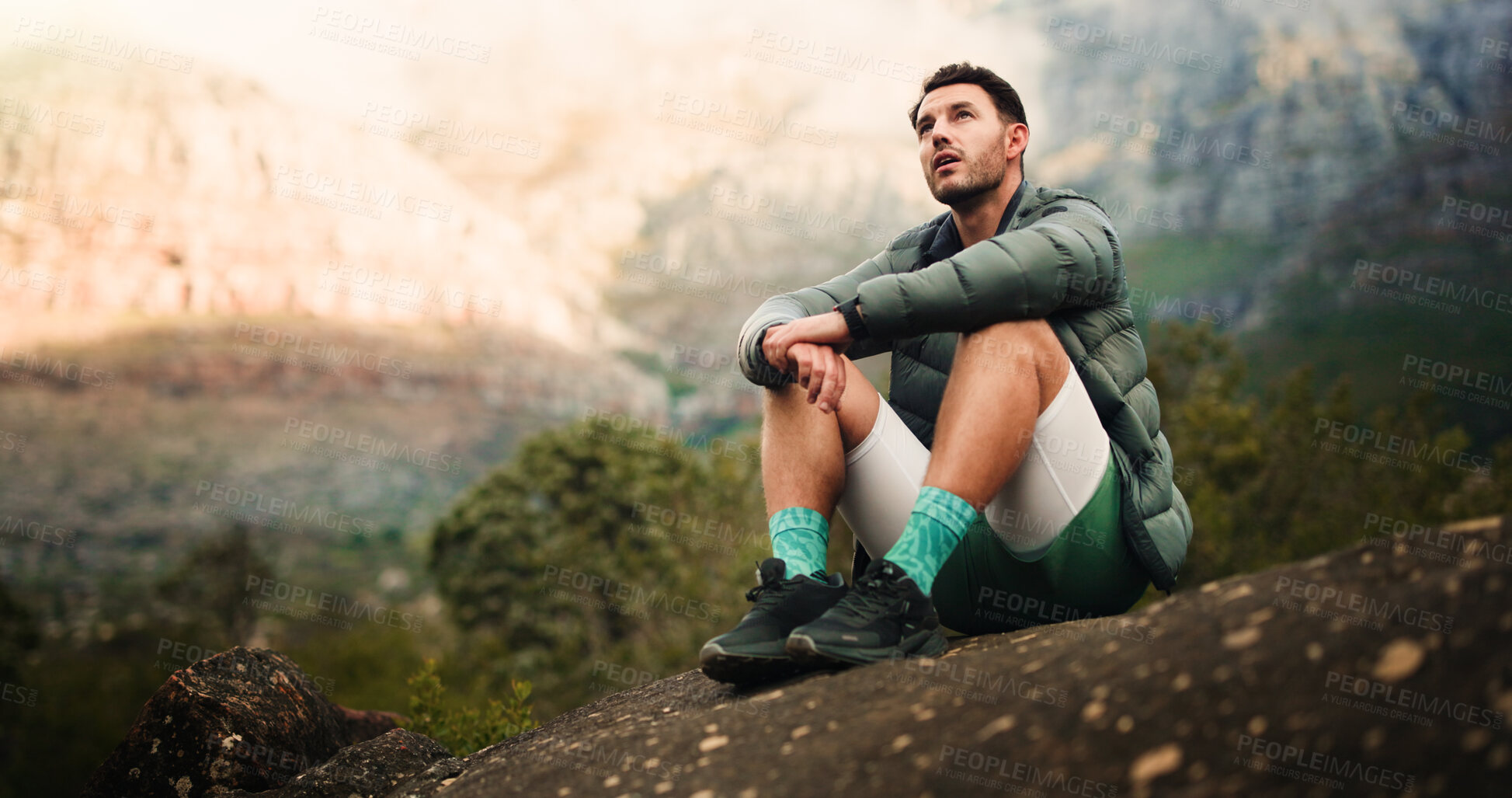 Buy stock photo Thinking, mountain and man rest for hiking, outdoor adventure and exercise in nature. Fitness, hiker and calm person on break, relax and thoughtful in countryside for fresh air, wellness and hobby