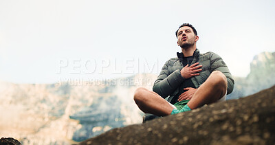 Buy stock photo Outdoor, breathing and man with fitness, relax and heart health with break, calm and mountains. Resting, hiker or person with environment, zen and wellness with exercise, nature or space with fatigue