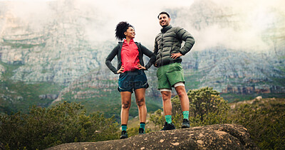 Buy stock photo Pride, mountain and hiking with couple in nature for fitness, trekking adventure and freedom. Workout partner, hiker date and goal with man and woman on rock for health, vacation and connection