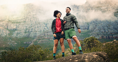 Buy stock photo Hiking, smile and fitness with couple in nature for trekking adventure, health journey and support. Sightseeing, environment and explore with man and woman for bonding, travel and mountain trip