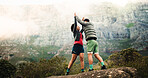High five, hiking and couple with fitness, support and celebration with relationship. Outdoor, man and woman with goals, challenge or trekking together with nature, travel or explore with achievement