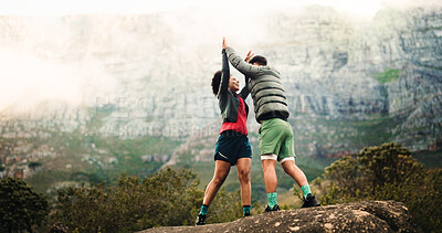 Buy stock photo High five, hiking and couple with fitness, support and celebration with relationship. Space, man and woman with goals, challenge or trekking together with nature, travel or explore with achievement