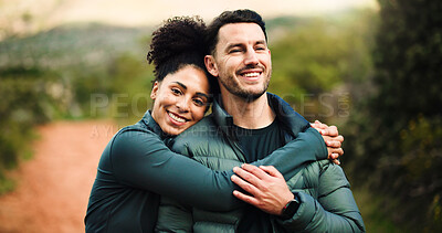 Buy stock photo Happy, hug and hiking with couple in nature for fitness, trekking adventure or love. Workout partner, hiker date and bonding with portrait of woman and man on path for health, vacation and connection