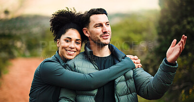 Buy stock photo Love, hug and hiking with couple in nature for fitness, trekking adventure or happy. Workout partner, hiker date and bonding with portrait of woman and man on path for health, vacation and connection