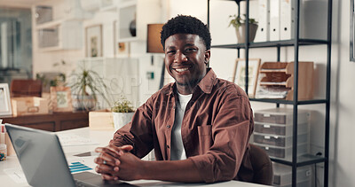 Buy stock photo Portrait, business and happy black man in office for social media analytics on laptop. Smile, computer and engagement analyst with confidence, pride and creative professional in agency in Kenya