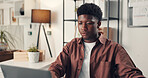 Business, online reading and black man with laptop, email or magazine website. African person, employee or journalist in office, computer or feedback for article, internet or research for news report