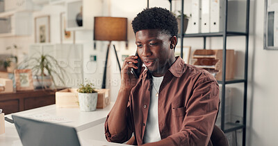 Buy stock photo Journalist, black man and laptop with phone call in office for planning, contact editor and article idea. Tech, agenda and news discussion to question source, facts check or chat of story publication