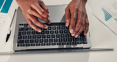 Buy stock photo Hands, business and person with laptop in office for research, editor feedback and article sales. Above, journalist typing and pc for proofreading, copywriting report and information for publication