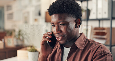 Buy stock photo Journalist, black man and phone call in office for planning, contact editor and article idea. Feedback, agenda and news discussion to question source, facts check or chat of story publication