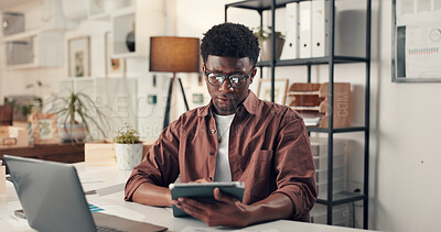 Buy stock photo Business, black man and reading with tablet in office for research, editor feedback and review article. Journalist, digital and proofreading story, copywriting report and information for publication