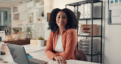 Buy stock photo Woman, portrait and happy in office at startup with confidence, career and pride at media company. Business person, writer and editor at workplace, smile and laptop at creative agency in Colombia